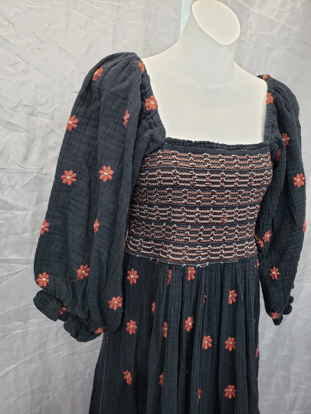 Free People Dahlia Embroidered Maxi Dress Black Combo Smocked Size Medium - Picture 4 of 12